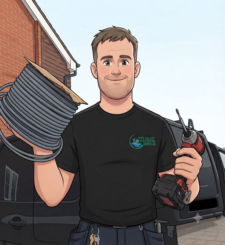 Illustration of Jamie, the electrician behind Test Valley Electrical Services, smiling outside a house with his van